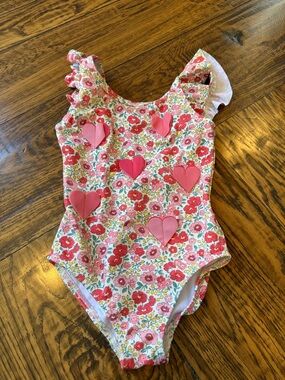 Mini Boden Girls Floral One-Piece Swimsuit with Heart Accents